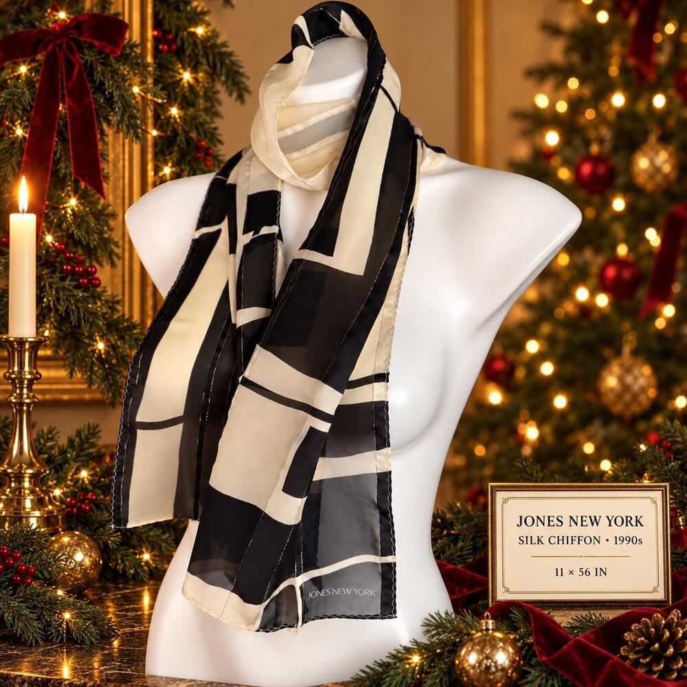 Vintage Jones New York Black Gold Silk Chiffon Scarf 1990s Holiday Oblong 11x56